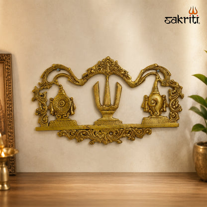 Brass Shankh Chakra Namam Wall Plate – 11 Inch (27.9 cm) Height | Traditional Vaishnav Wall Décor for Pooja Room, Temple & Home