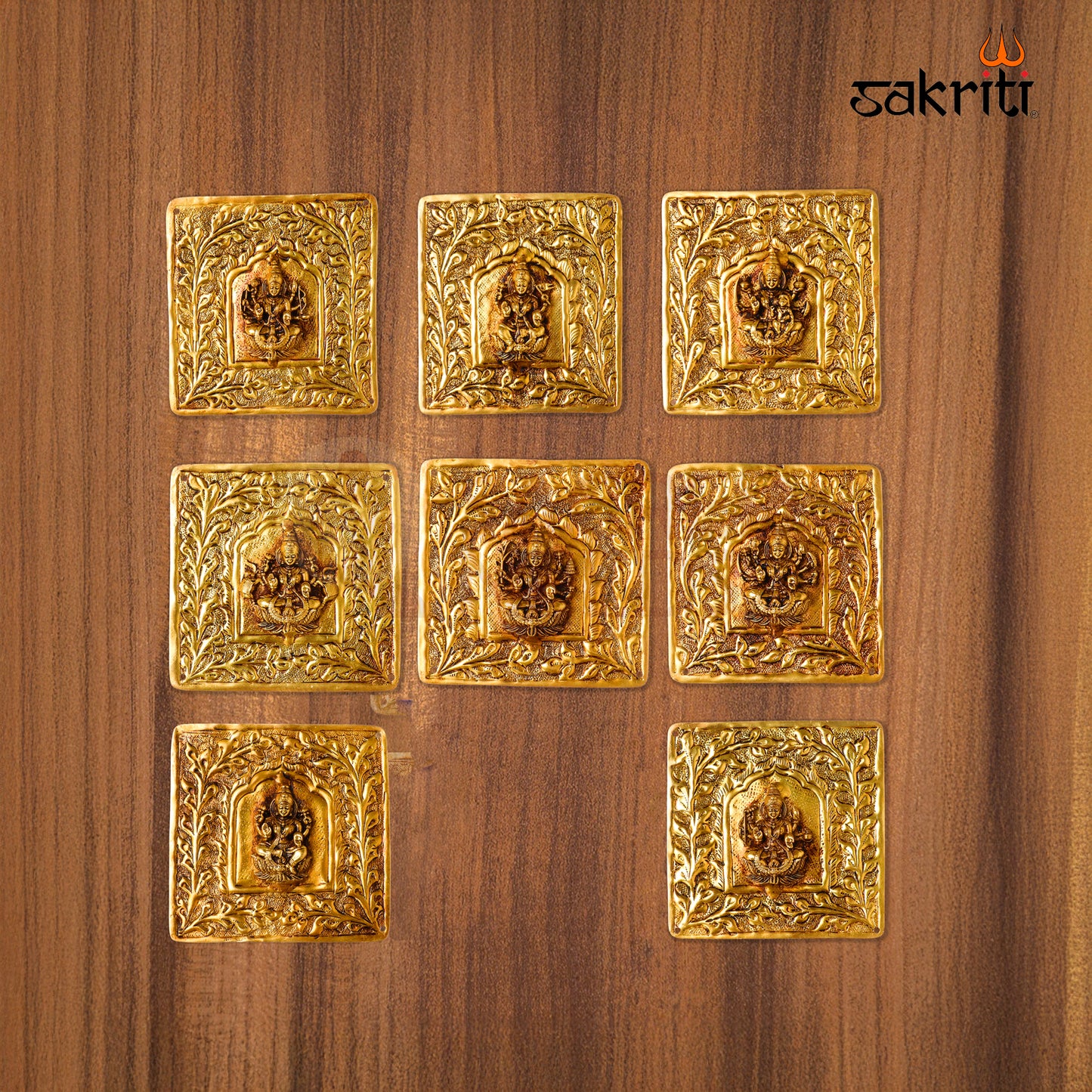 Brass Square Astalakshmi Wall Mounted Plate – 4 Inch Traditional Lakshmi Wall Decor for Pooja Room & Temple