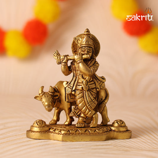 Sacred Needs Brass Cow Krishna Idol – 4.4 Inch (11.2 cm) Height | Krishna with Cow Statue for Pooja Room, Temple & Home Décor