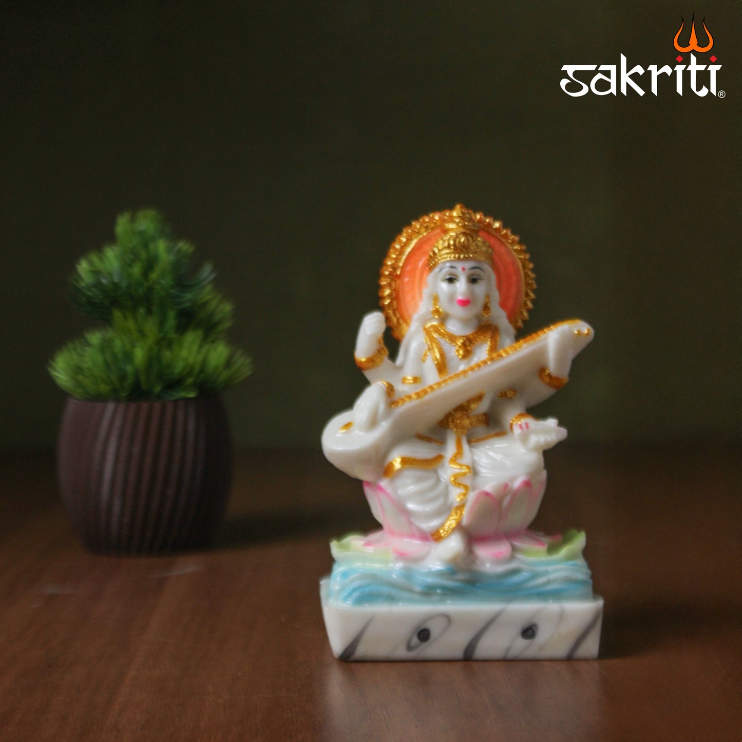 Marble Dust Saraswathi – 5.1 Inch Height | Goddess Saraswati Idol for Knowledge, Temple & Home Decor