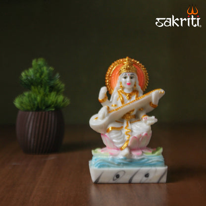 Marble Dust Saraswathi – 5.1 Inch Height | Goddess Saraswati Idol for Knowledge, Temple & Home Decor