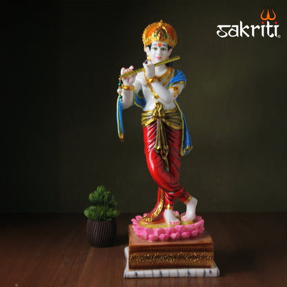 Marble Dust Lotus Krishna Stand – 19 Inch Height | Beautiful Krishna Idol for Temple, Pooja Room & Spiritual Home Decor