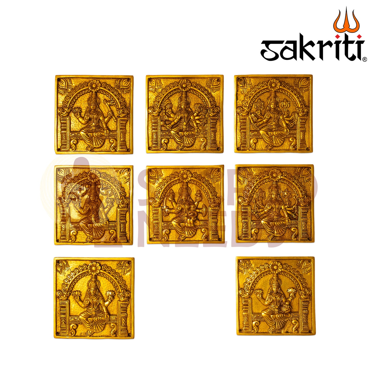 Brass Astalakshmi Square Wall Mounted Plates – 6.2 Inch Height | Traditional Ashtalakshmi Wall Decor for Pooja Room & Gifting