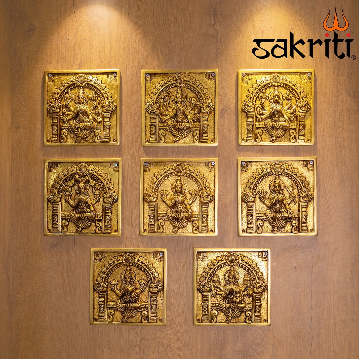 Brass Square Astalakshmi Wall Mounted Plates – 8.1 Inch Height | Goddess Lakshmi Wall Art for Spiritual Decor & Gifting