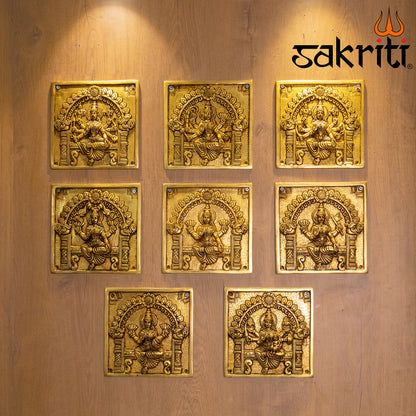 Brass Square Astalakshmi Wall Mounted Plates – 8.1 Inch Height | Goddess Lakshmi Wall Art for Spiritual Decor & Gifting