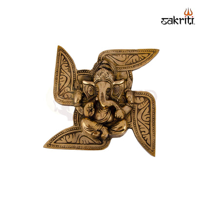 Brass Swastik Ganesha Mounted – 6.3 Inch Height | Brass Ganesha on Swastik Base for Auspicious Home Decor & Pooja