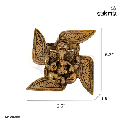Brass Swastik Ganesha Mounted – 6.3 Inch Height | Brass Ganesha on Swastik Base for Auspicious Home Decor & Pooja
