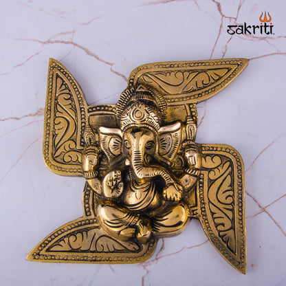 Brass Swastik Ganesha Mounted – 6.3 Inch Height | Brass Ganesha on Swastik Base for Auspicious Home Decor & Pooja