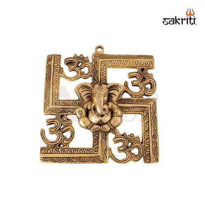 Brass Om-Swastik Ganesha Mounted – 8.5 Inch | Spiritual Wall Decor with Ganesha, Om & Swastik Symbols