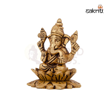Brass Lotus Ganesha – 3 Inch | Ganesha Idol Seated on Lotus for Home Decor, Car Dashboard & Gifting