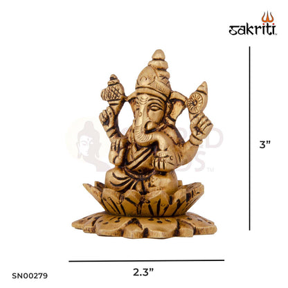 Brass Lotus Ganesha – 3 Inch | Ganesha Idol Seated on Lotus for Home Decor, Car Dashboard & Gifting