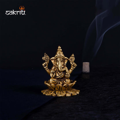 Brass Lotus Ganesha – 3 Inch | Ganesha Idol Seated on Lotus for Home Decor, Car Dashboard & Gifting
