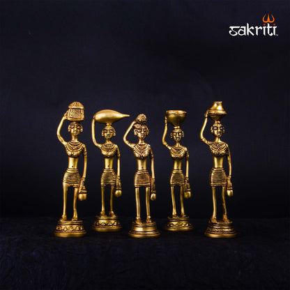 Brass Tribal Lady Set – 7.6 Inch Height | Set of 5 Handcrafted Brass Tribal Lady Figurines for Home Decor & Gifting