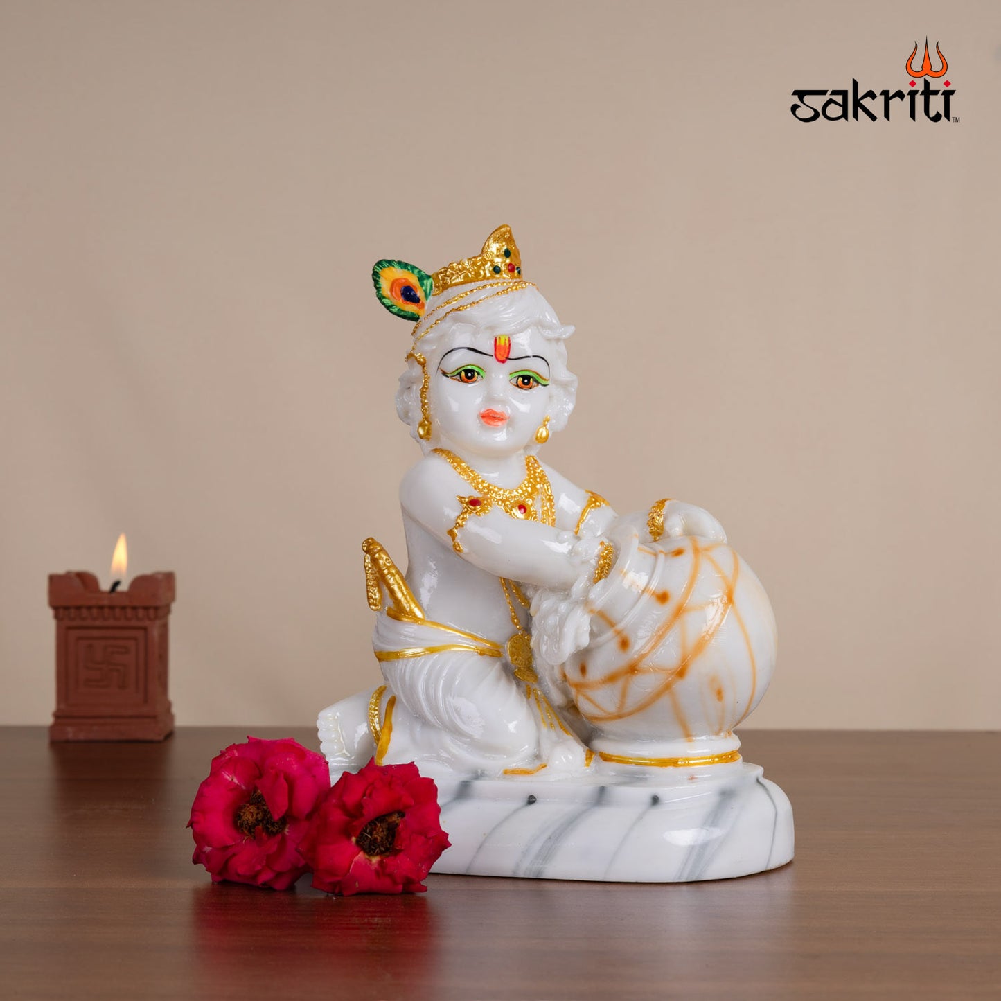 Matki Krishna Idol in Marble Dust – 7.6 Inch Height | Baby Krishna with Pot for Janmashtami Pooja & Gift