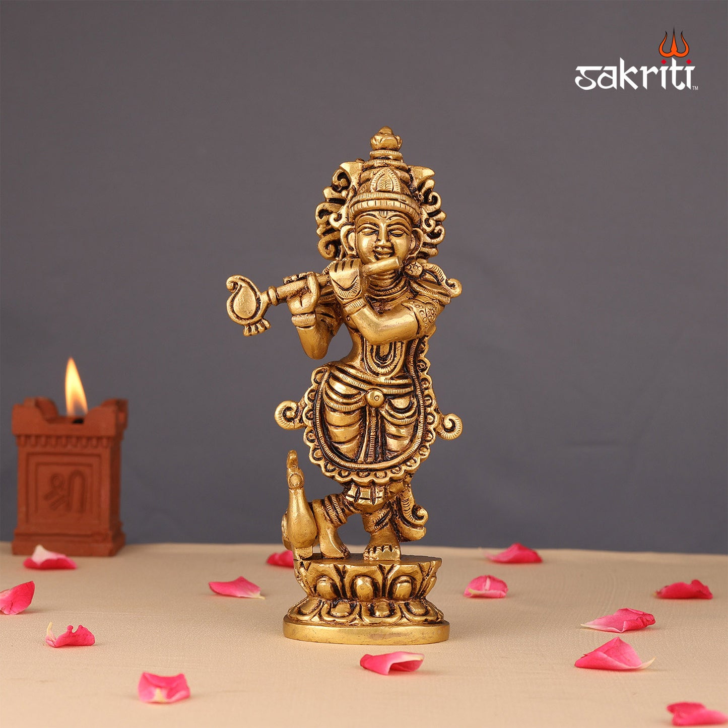 Brass Flute Krishna – 7.2 Inch Height | Murli Manohar Idol Playing Flute for Janmashtami & Devotional Decor