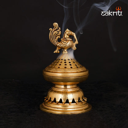 BRASS PEACOCK INCENSE BURNER WITH LID