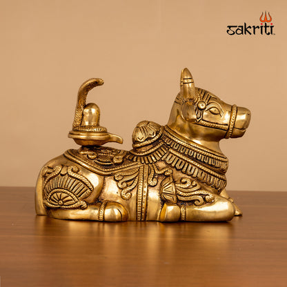 Brass Nandhi Shiva Lingam – 5.3 Inch Height | Sacred Bull with Lingam for Shiva Worship & Ritual Spaces