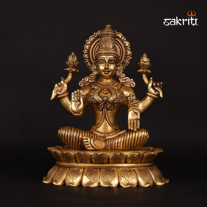 Brass Lotus Lakshmi – 11.4 Inch Height | Elegant Goddess Laxmi Seated on Lotus for Prosperity & Temple Decor