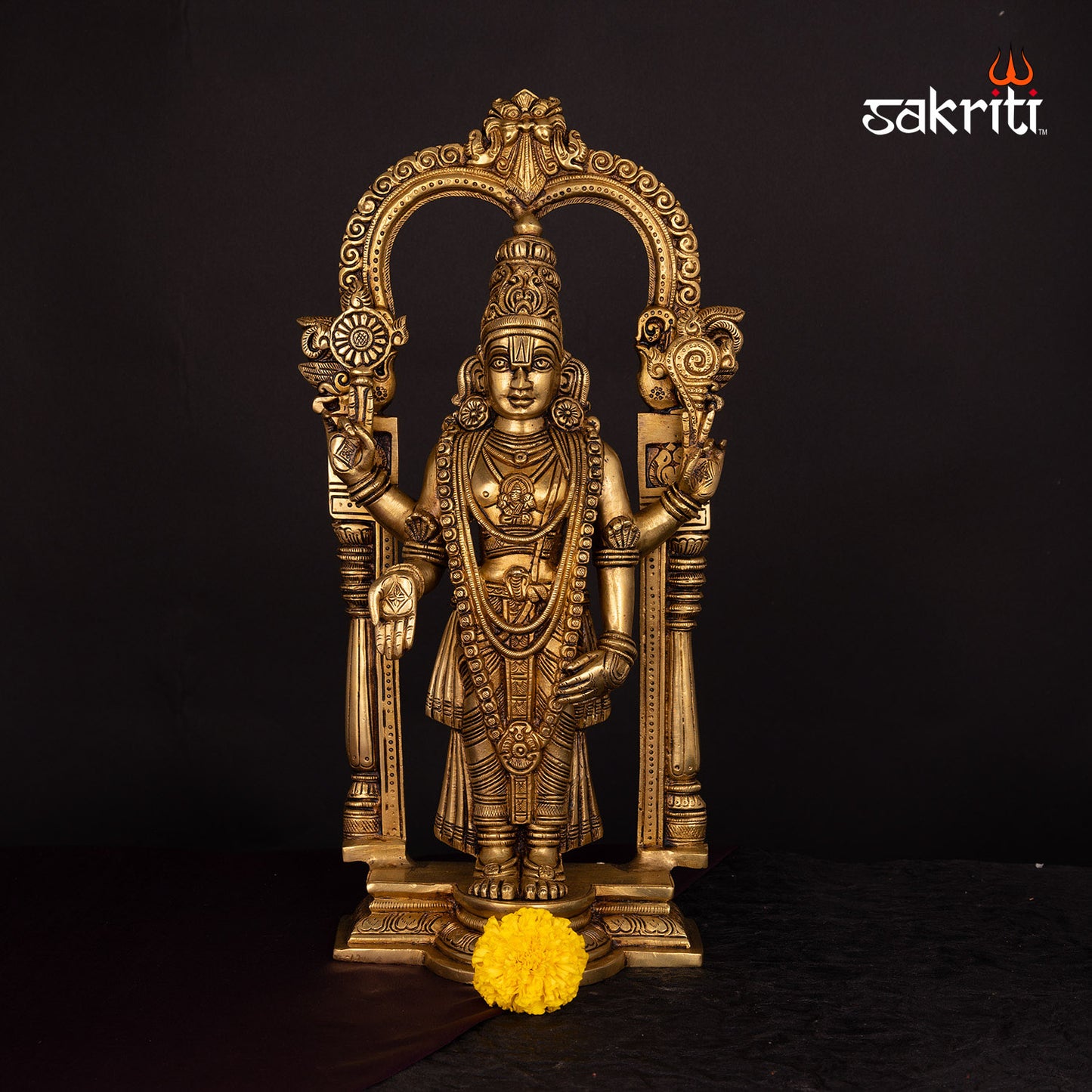 Brass Balaji with Arch – 15.8 Inch Height | Lord Venkateshwara Idol with Ornate Frame for Pooja & Devotion