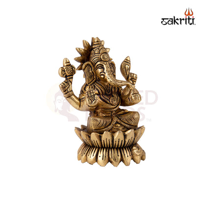 Brass Lotus Ganesha – 3.6 Inch Height | Mini Ganesha Seated on Lotus for Vastu, Gifting & Travel Altar
