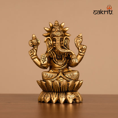Brass Lotus Ganesha – 3.6 Inch Height | Mini Ganesha Seated on Lotus for Vastu, Gifting & Travel Altar