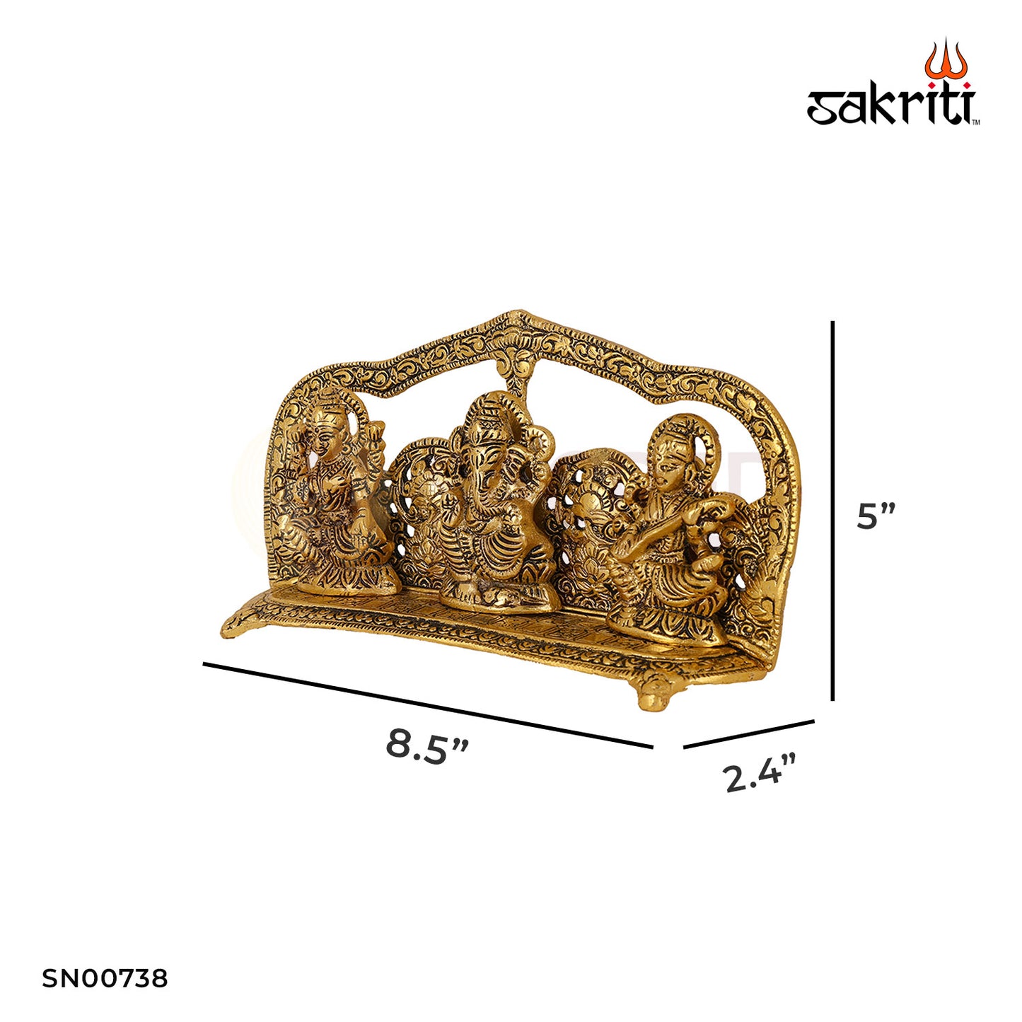 Aluminium Lakshmi Ganesh Sarashwathi Frame – 8.5 Inch Length | Framed Ganesha Statue for Wall, Tabletop or Gift Purpose