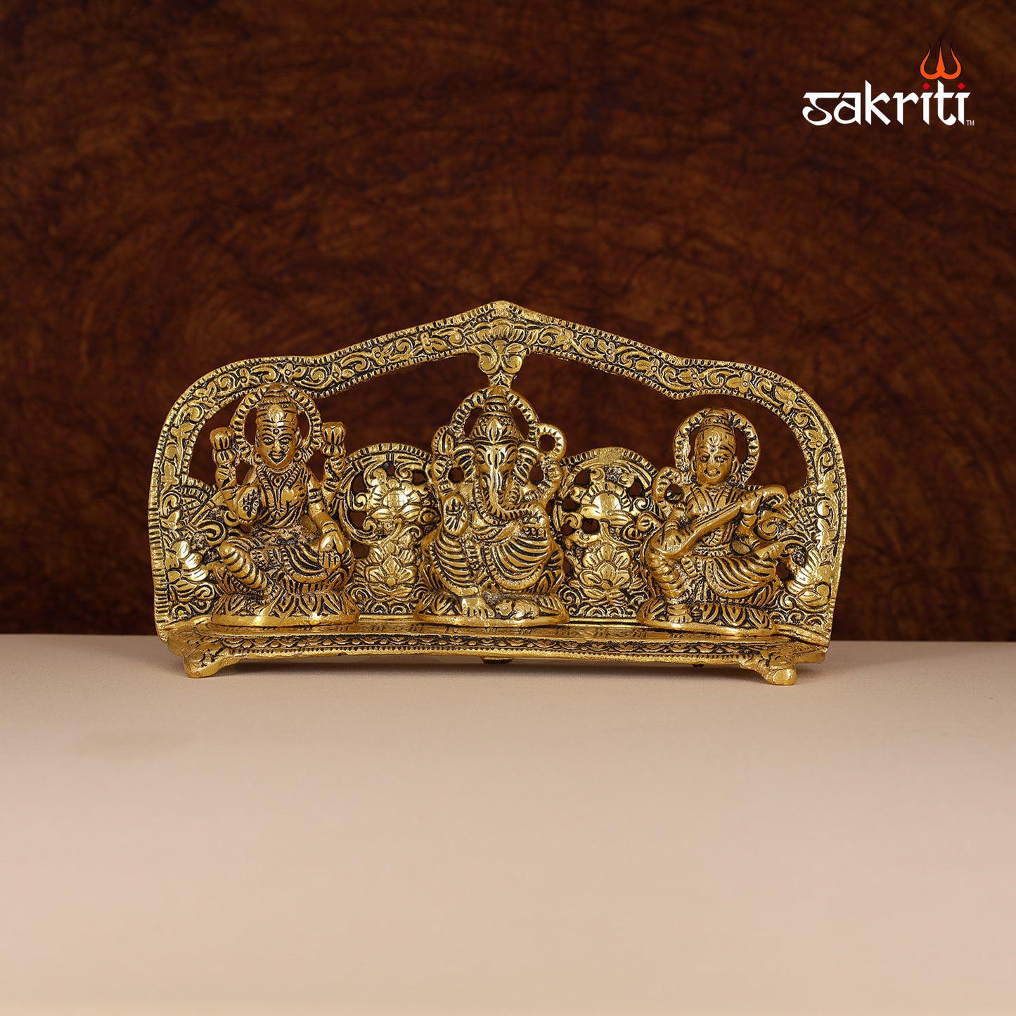 Aluminium Lakshmi Ganesh Sarashwathi Frame – 8.5 Inch Length | Framed Ganesha Statue for Wall, Tabletop or Gift Purpose