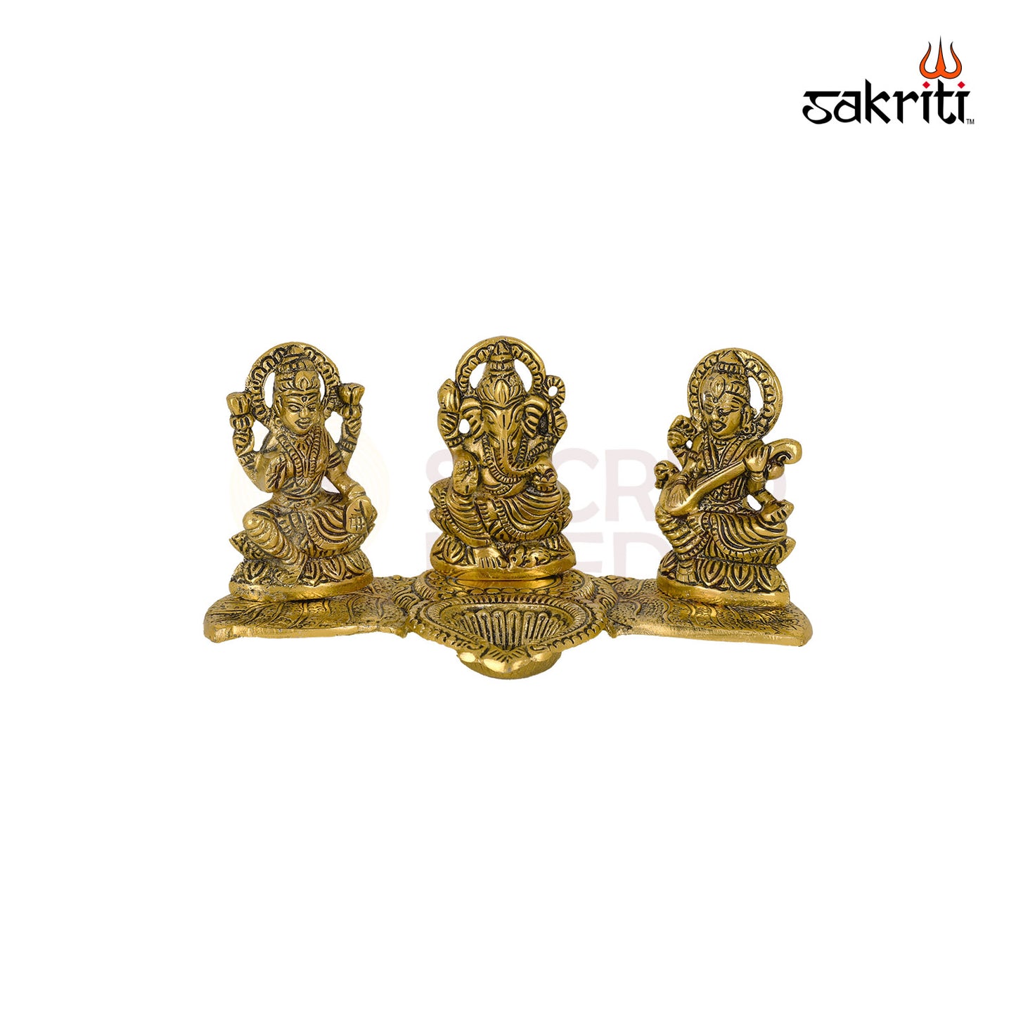 ALUMINIUM LAKSHMI-GANESHA-SARASWATI WITH DEEPAM