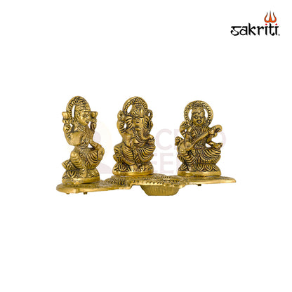 ALUMINIUM LAKSHMI-GANESHA-SARASWATI WITH DEEPAM