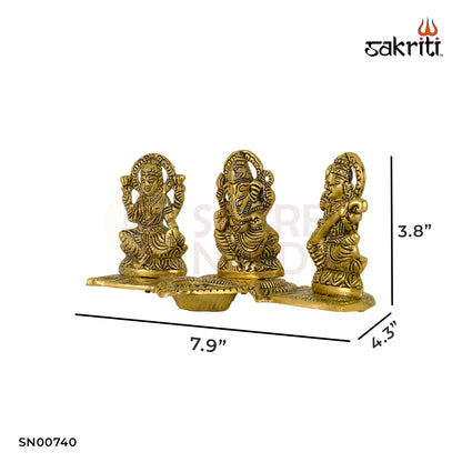 ALUMINIUM LAKSHMI-GANESHA-SARASWATI WITH DEEPAM