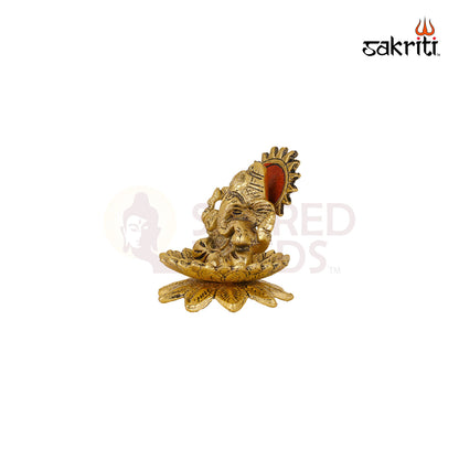 Aluminium Lotus Ganesha – 3.2 Inch Height | Ganpati on Lotus Idol for Spiritual Gifting & Pooja
