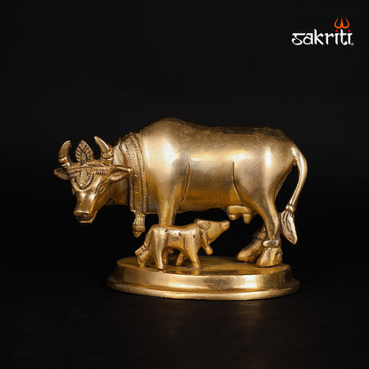 Brass Cow & Calf – 3.8 Inch Height | Sacred Cow and Calf Statue for Temple & Blessings