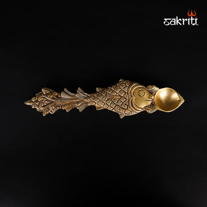 Brass Fish One Mukh Aarti | Handcrafted Brass Pooja Aarti Lamp | Traditional Hindu Ritual Aarti | 10 Inch length Decorative Temple & Home Pooja Item