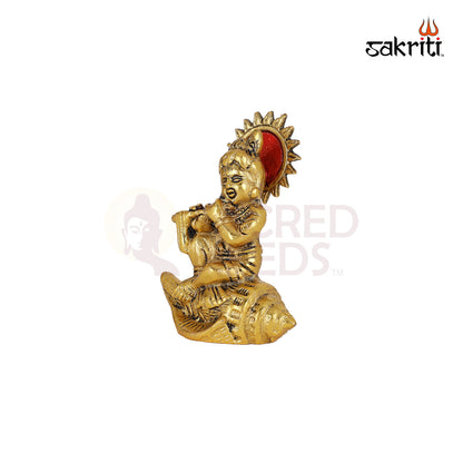 Aluminium Shankh Krishna – 4.8 Inch Height | Brass Shankh & Krishna Figurine for Pooja & Temple Decoration