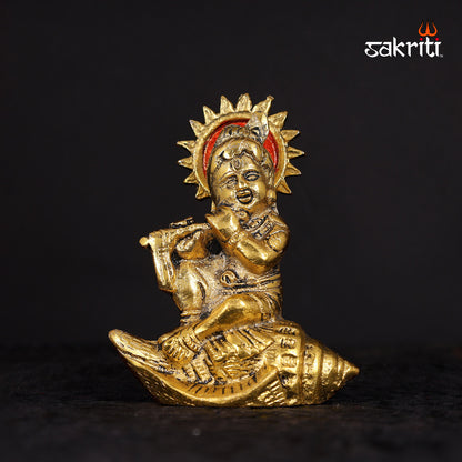 Aluminium Shankh Krishna – 4.8 Inch Height | Brass Shankh & Krishna Figurine for Pooja & Temple Decoration