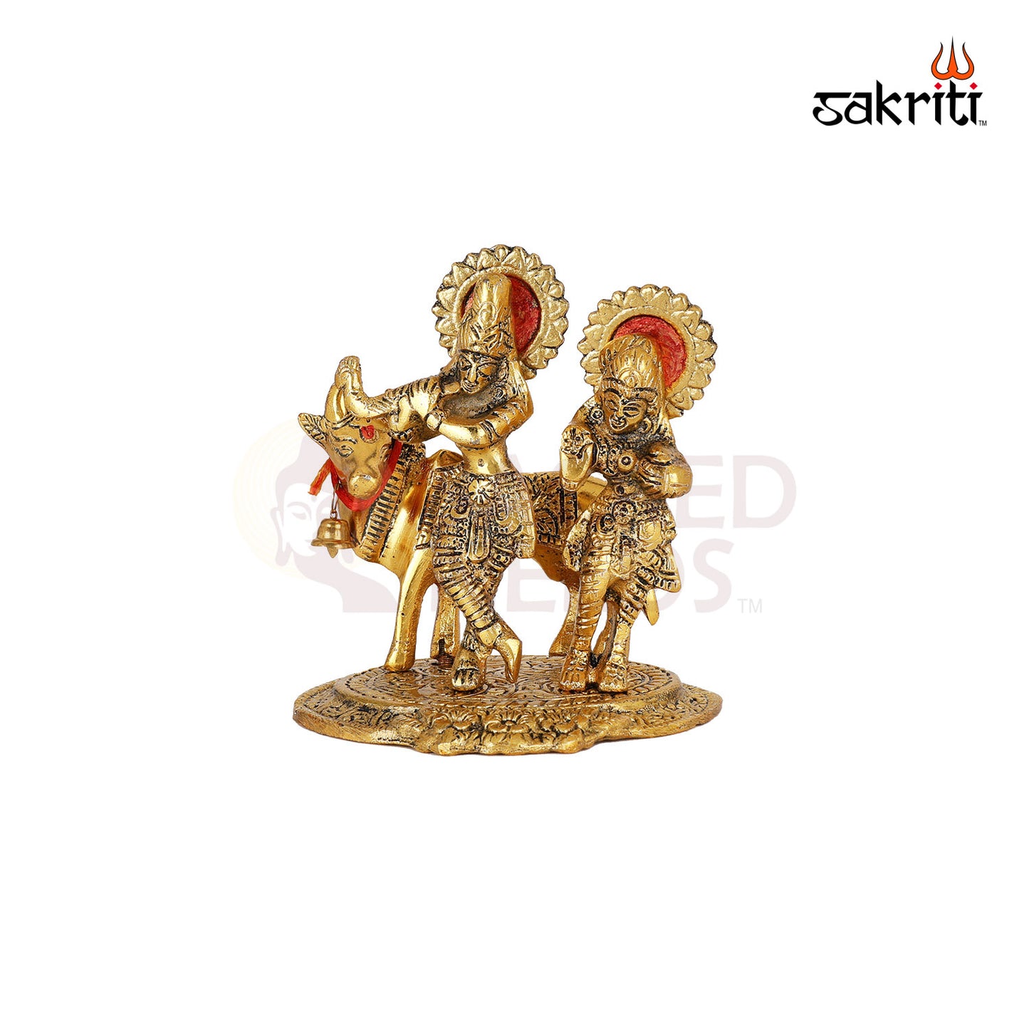 Aluminium Radha Krishna with Cow – 7.4 Inch Height | Krishna with Cow Idol for Worship & Home Decoration