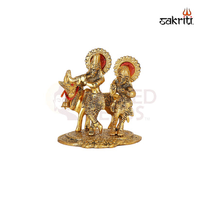 Aluminium Radha Krishna with Cow – 7.4 Inch Height | Krishna with Cow Idol for Worship & Home Decoration