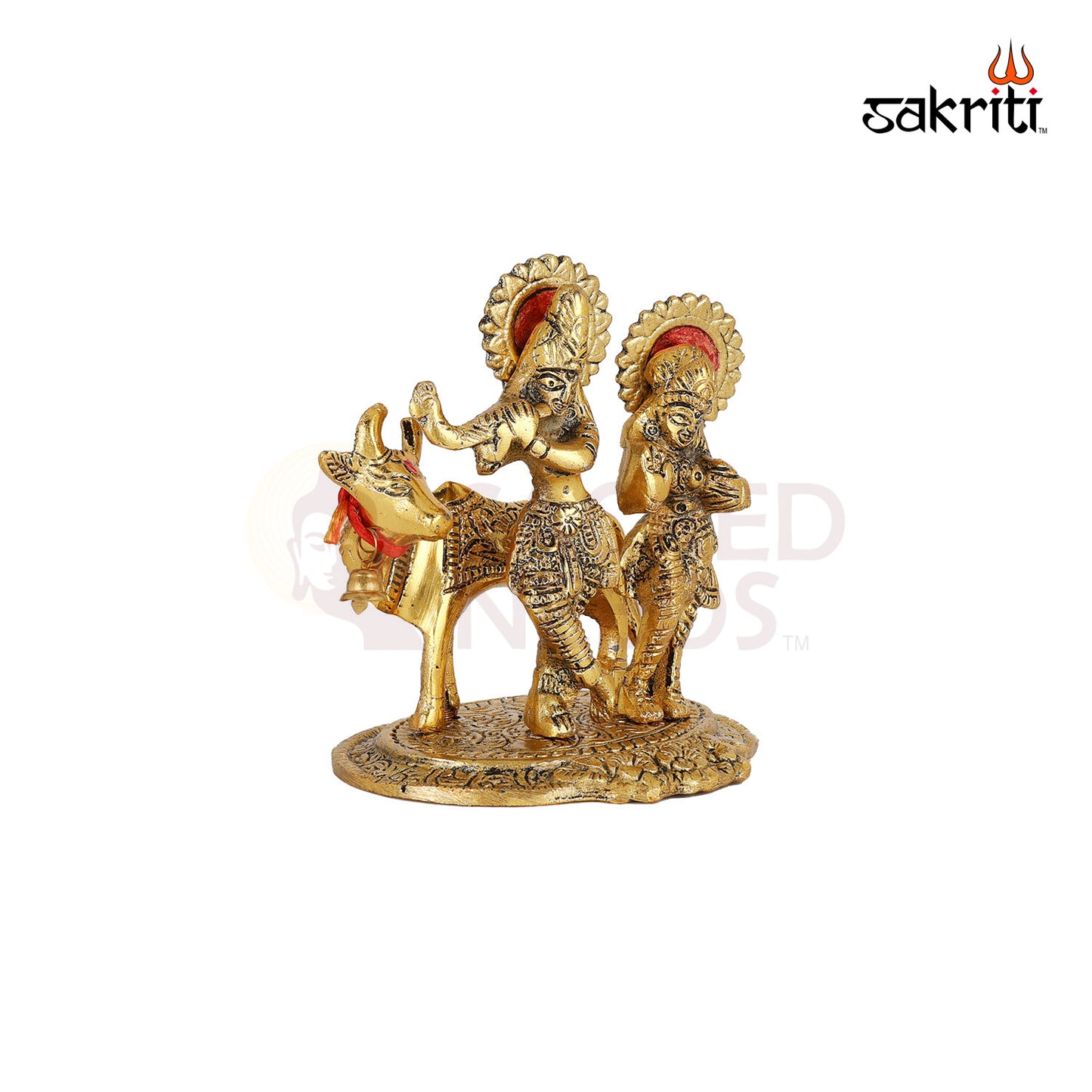 Aluminium Radha Krishna with Cow – 7.4 Inch Height | Krishna with Cow Idol for Worship & Home Decoration