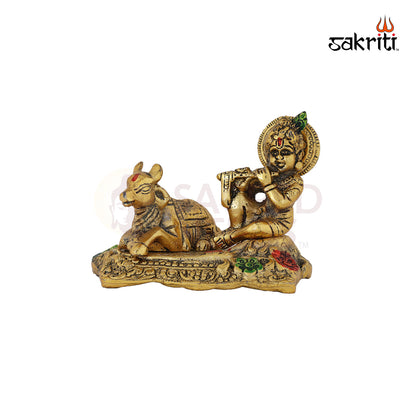 Aluminium Cow & Krishna – 4.9 Inch Height | Krishna with Cow for Temple Pooja & Decorative Display