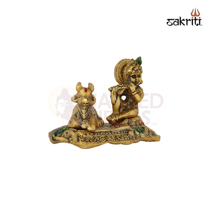 Aluminium Cow & Krishna – 4.9 Inch Height | Krishna with Cow for Temple Pooja & Decorative Display