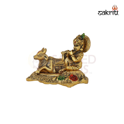 Aluminium Cow & Krishna – 4.9 Inch Height | Krishna with Cow for Temple Pooja & Decorative Display