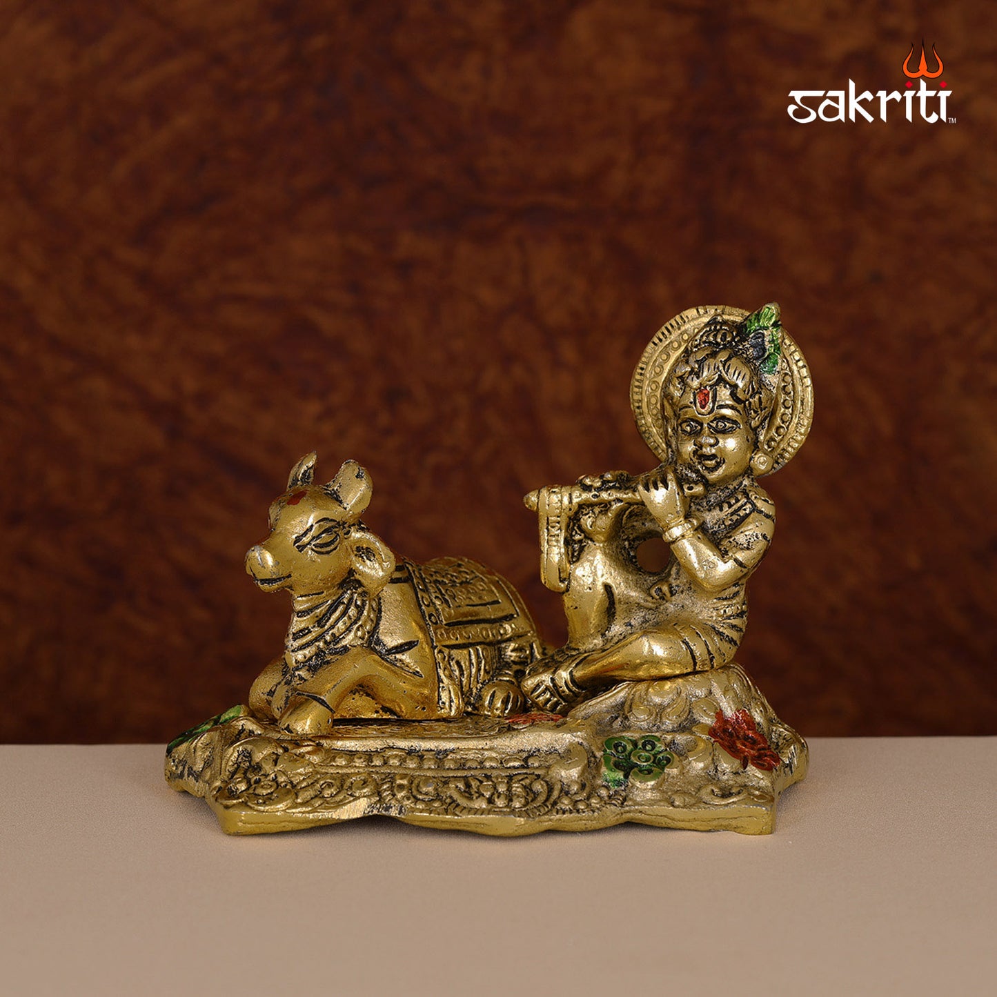 Aluminium Cow & Krishna – 4.9 Inch Height | Krishna with Cow for Temple Pooja & Decorative Display