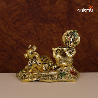 Aluminium Cow & Krishna – 4.9 Inch Height | Krishna with Cow for Temple Pooja & Decorative Display
