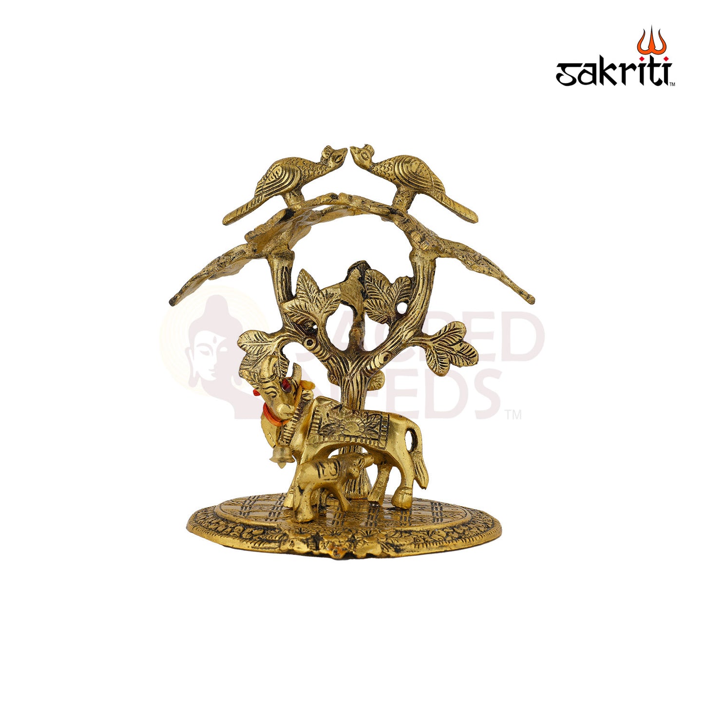 Aluminium Cow with Tree – 4.9 Inch Height | Krishna Cow Statue with Tree for Pooja & Decoration
