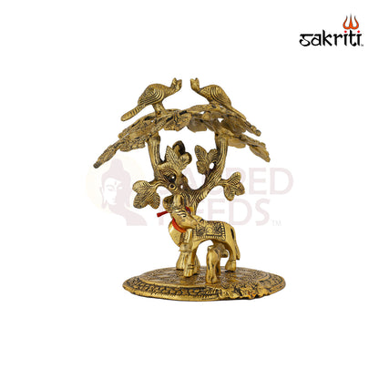 Aluminium Cow with Tree – 4.9 Inch Height | Krishna Cow Statue with Tree for Pooja & Decoration