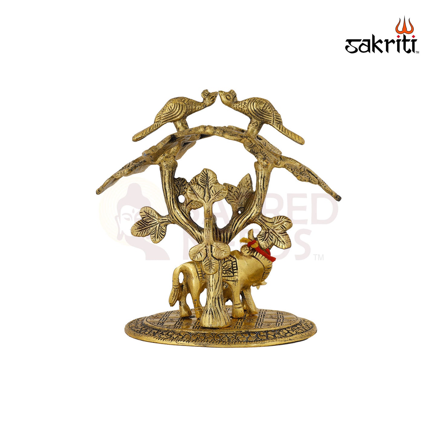 Aluminium Cow with Tree – 4.9 Inch Height | Krishna Cow Statue with Tree for Pooja & Decoration