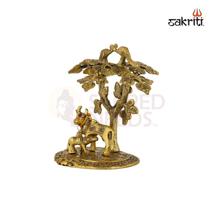 Aluminium Cow with Tree – 4.9 Inch Height | Krishna Cow Statue with Tree for Pooja & Decoration
