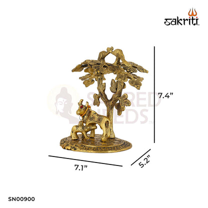 Aluminium Cow with Tree – 4.9 Inch Height | Krishna Cow Statue with Tree for Pooja & Decoration