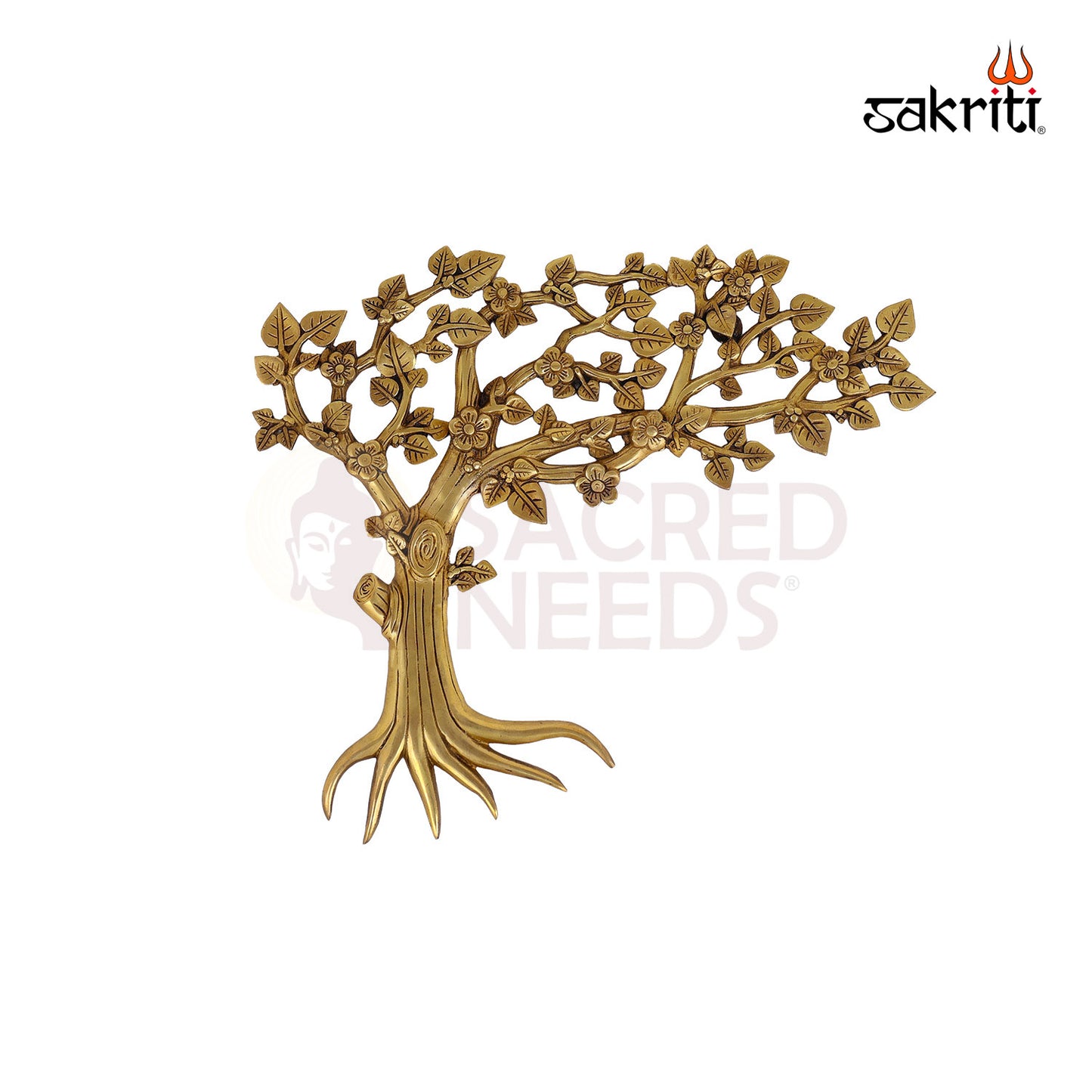 Brass Tree Mounted – 18.3 Inch Height | Brass Tree with Decorative Elements for Temple