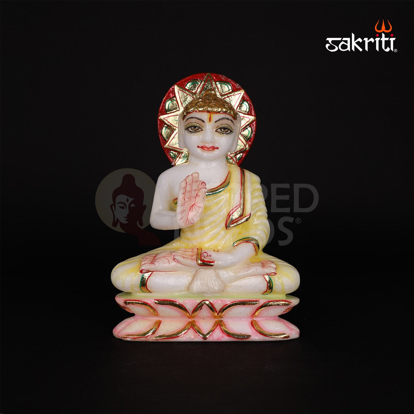 Marble Gowtham (Red & Green) – 7 Inch Height | Colorful Marble Buddha Statue for Home